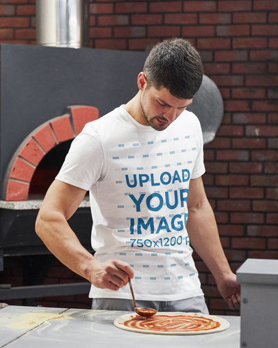 T-Shirt Mockup Featuring a Baker Making Pizza