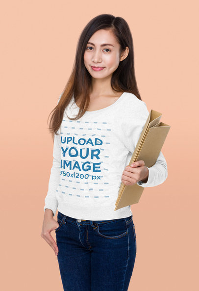 Heathered Sweatshirt Mockup of a Smiling Woman Holding Some Binders