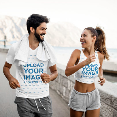 V-Neck T-Shirt and Crop Top Mockup of Two Friends Running 41084-r-el2
