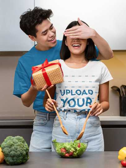T-Shirt Mockup of a Woman Getting a Present From Her Boyfriend
