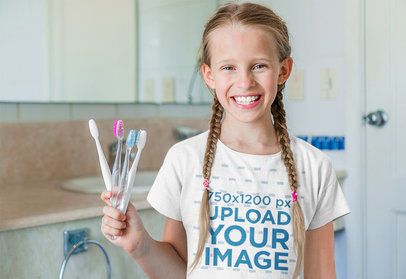 T-Shirt Mockup of a Girl Showcasing Her Clean Teeth