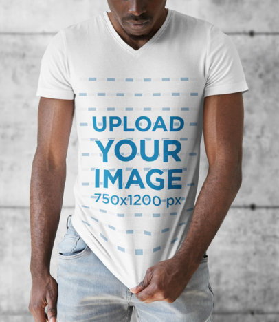 Mockup of a Man Grabbing His V-Neck T-Shirt