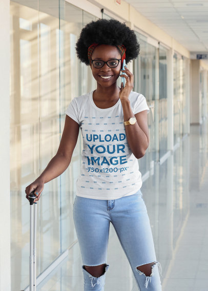 Round-Neck Tee Mockup of a Woman with Glasses Talking on the Phone