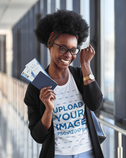 T-Shirt Mockup of a Joyful Woman at the Airport 