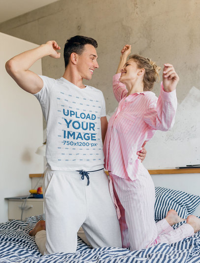 T-Shirt Mockup Featuring a Man in Pajamas with His Girlfriend