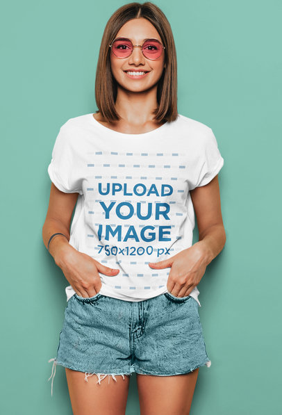 T-Shirt Mockup of a Young Woman Wearing Rose-Colored Glasses m1358-r-el2