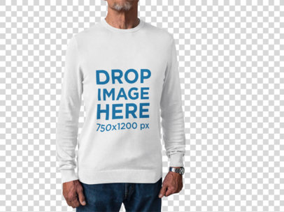 Senior Man With Cropped Face Wearing a Long Sleeve Tshirt Mockup Against a Transparent Backdrop