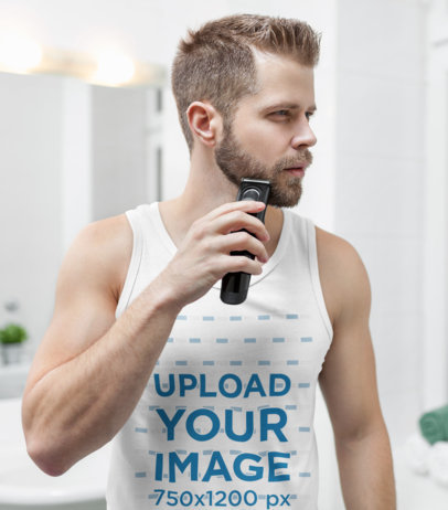 Tank Top Mockup Featuring a Man Trimming His Beard