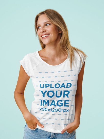 Scoop-Neck T-Shirt Mockup Featuring a Joyful Woman 