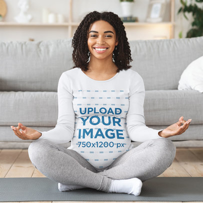 Long Sleeve Tee Mockup of a Happy Pregnant Woman in a Meditation Pose