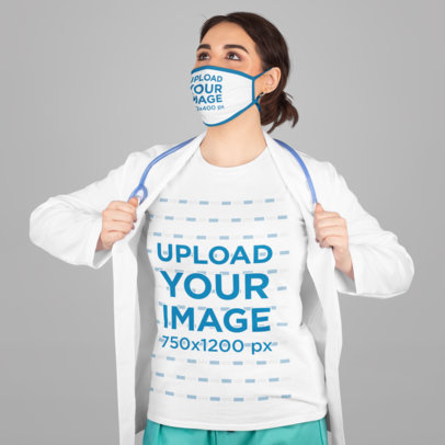 T-Shirt and Face Mask Mockup Featuring a Super Nurse in a Studio