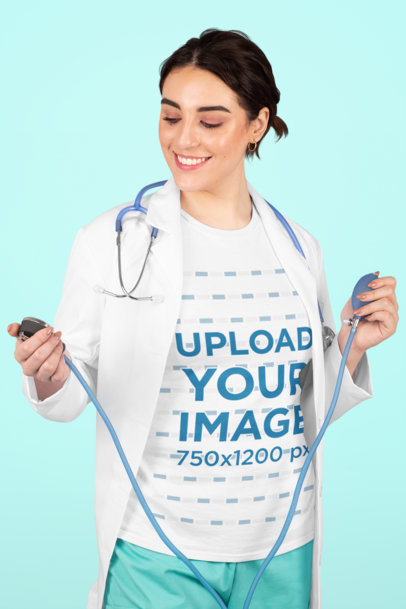 T-Shirt Mockup of a Smiling Doctor in a Studio
