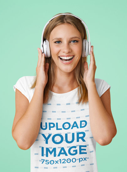 T-Shirt Mockup of a Woman Listening to Good Music at a Studio 