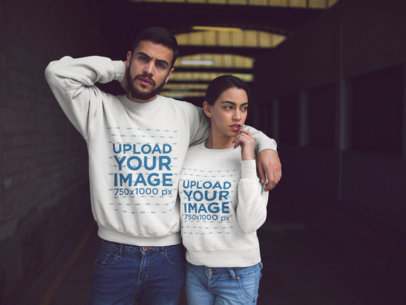 Hispanic Couple Posing for a Picture While Wearing Different Crewneck Sweatshirts Mockup