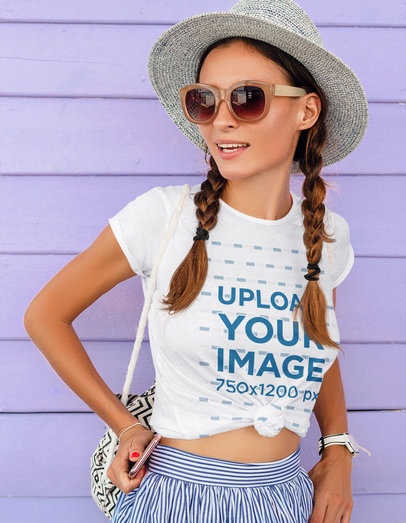 Mockup Featuring a Young Woman With Sunglasses Wearing a Knotted T-Shirt 