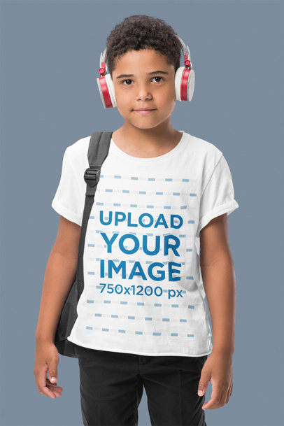 T-Shirt Mockup Featuring a Boy with Headphones in a Studio