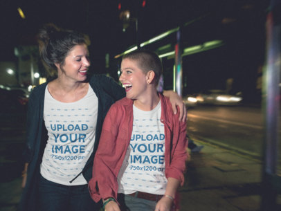 Pair of Girls Wearing Different T-Shirts Template While Laughing a15566