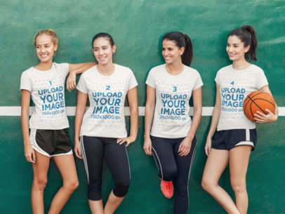 Group of Four Women Wearing Different Tees Mockup While in a Basketball Court