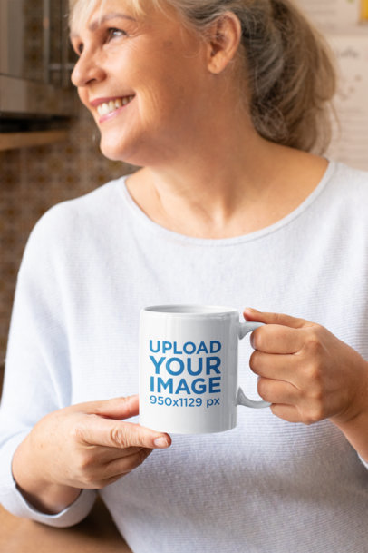 Mockup of a Happy Woman Holding an 11 oz Coffee Mug at Home
