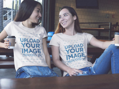 Two Women Having a Coffee Wearing Different Tees Mockup