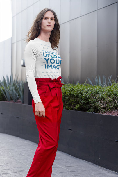 Long Sleeve Tee Mockup Featuring an Elegant Woman Wearing High-Waisted Pants 32946a