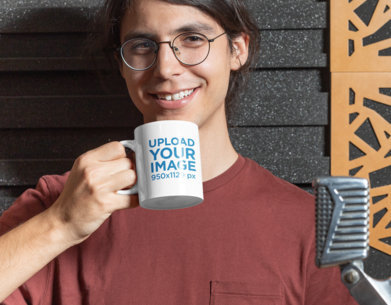 11 oz Mug Mockup of a Happy Man Drinking Coffee at a Recording Studio 33332a
