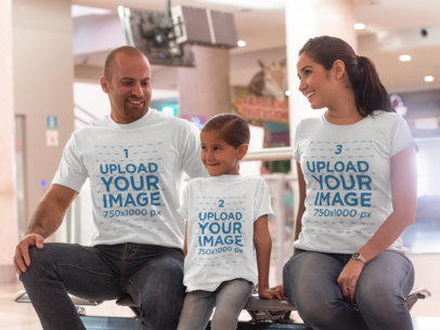 Family of Three Wearing Tshirts Template with Different Designs