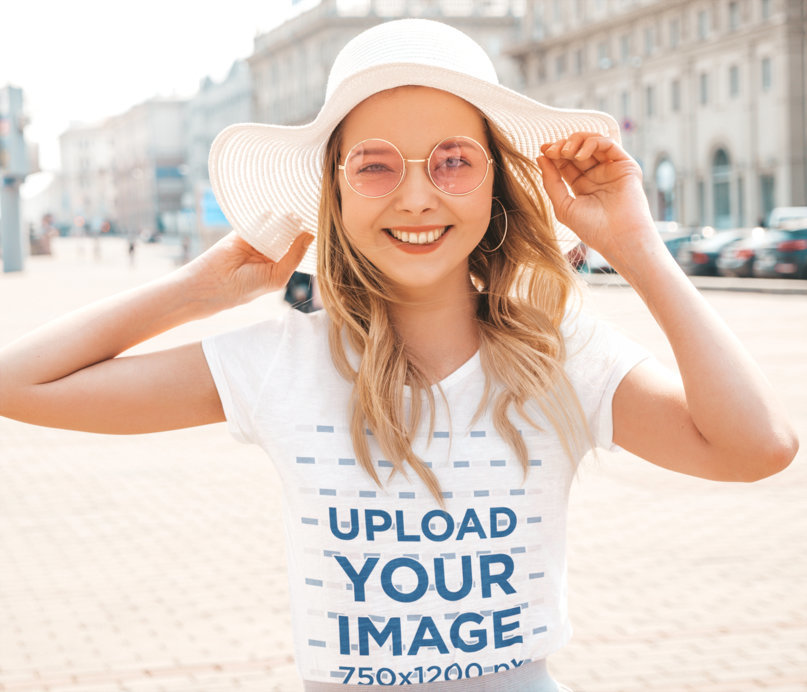 T-Shirt Mockup of a Young Woman Wearing Summer Accessories 