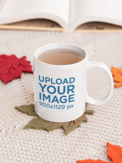 11 oz Coffee Mug Mockup Featuring Leaf-Shaped Coasters