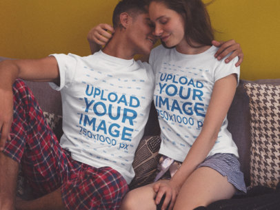 Couple in Their House Wearing Different Tshirts Mockup Against a Yellow Wall