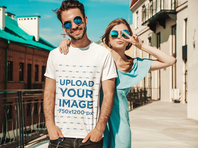 Basic T-Shirt Mockup of a Young Bearded Man Posing With His Girlfriend 