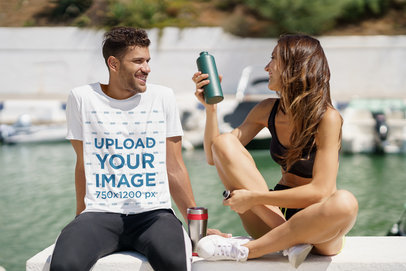 T-Shirt Mockup Featuring a Man Talking to a Woman