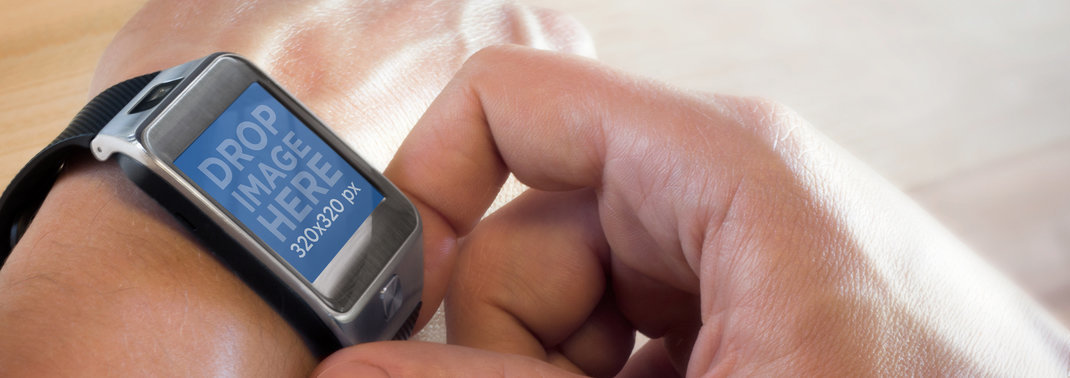 Mockup of a Samsung Galaxy Gear 2 on a Person's Wrist
