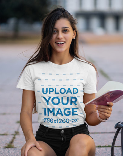 T-Shirt Mockup Featuring a Long-Haired Female Student 