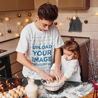 Basic T-Shirt Mockup of Teenage Boy Baking With His Little Sister m2202-r-el2