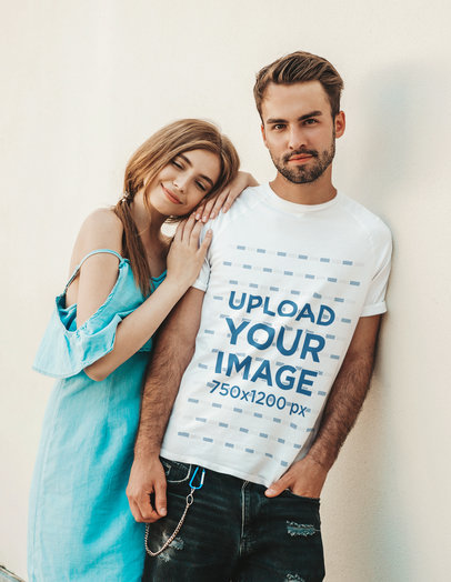 T-Shirt Mockup of a Bearded Young Man Posing with His Girlfriend 