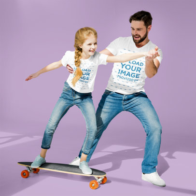 T-Shirt Mockup of a Dad Teaching His Daughter to Skateboard 