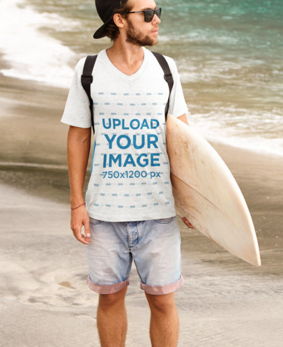 V-Neck T-Shirt Mockup Featuring a Surfer With Sunglasses at the Beach 