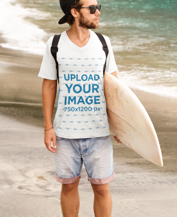 V-Neck T-Shirt Mockup Featuring a Surfer With Sunglasses at the Beach 