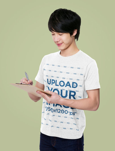 Heathered Tee Mockup of a Man Writing Down on a Clipboard m2516-r-el2