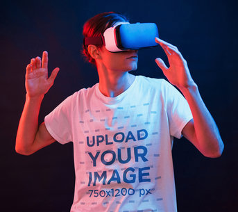 Gaming-Themed Mockup of a Man Using a VR Headset While Wearing a T-Shirt