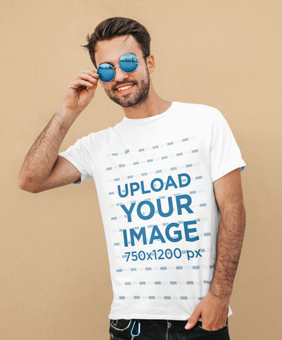 T-Shirt Mockup of a Bearded Young Man Wearing Cool Blue Shades