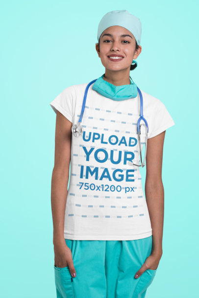 T-Shirt Mockup Featuring a Friendly Nurse at a Studio