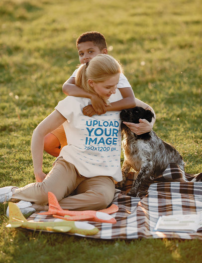 T-Shirt Mockup of a Woman Having a Picnic with Her Son and Pet 