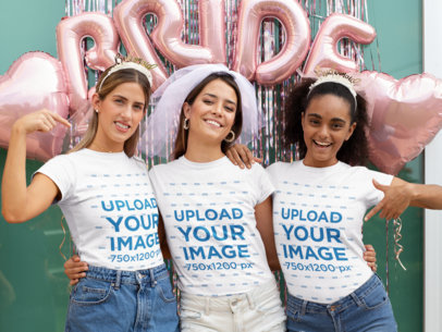 T-Shirt Mockup Featuring Three Happy Friends at a Bachelorette Party 