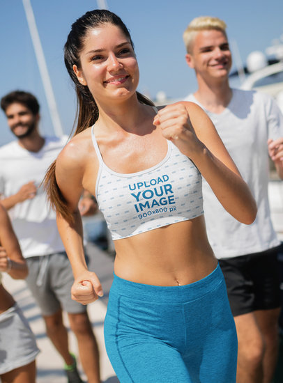 Sublimated Sports Bra Mockup Featuring a Woman with Her Runners Group