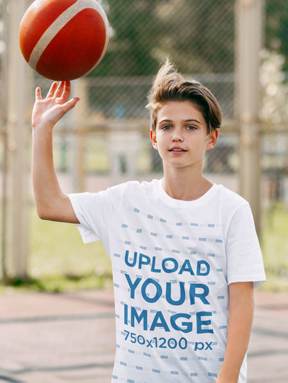 T-Shirt Mockup Featuring a Kid with a Basketball