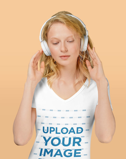 V-Neck Tee Mockup of a Woman with Headphones at a Studio