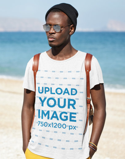 T-Shirt Mockup Featuring a Hipster Man at the Beach