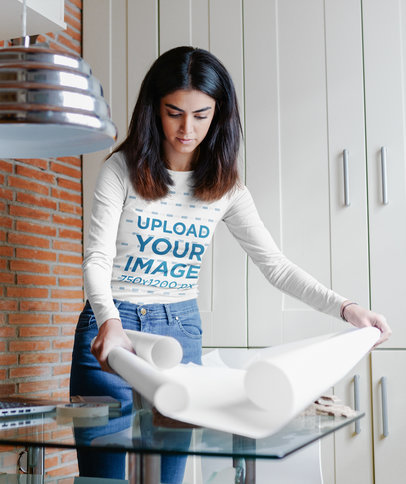 Long Sleeve Tee Mockup Featuring a Woman Working with Plans m2239-r-el2